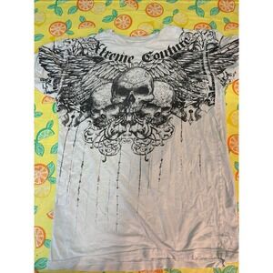 Xtreme Couture Graphic T-Shirt Mens Medium White Skull Wings Distressed MMA
